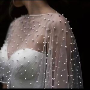 Elegant Pearl-Embellished Sheer Cape - White